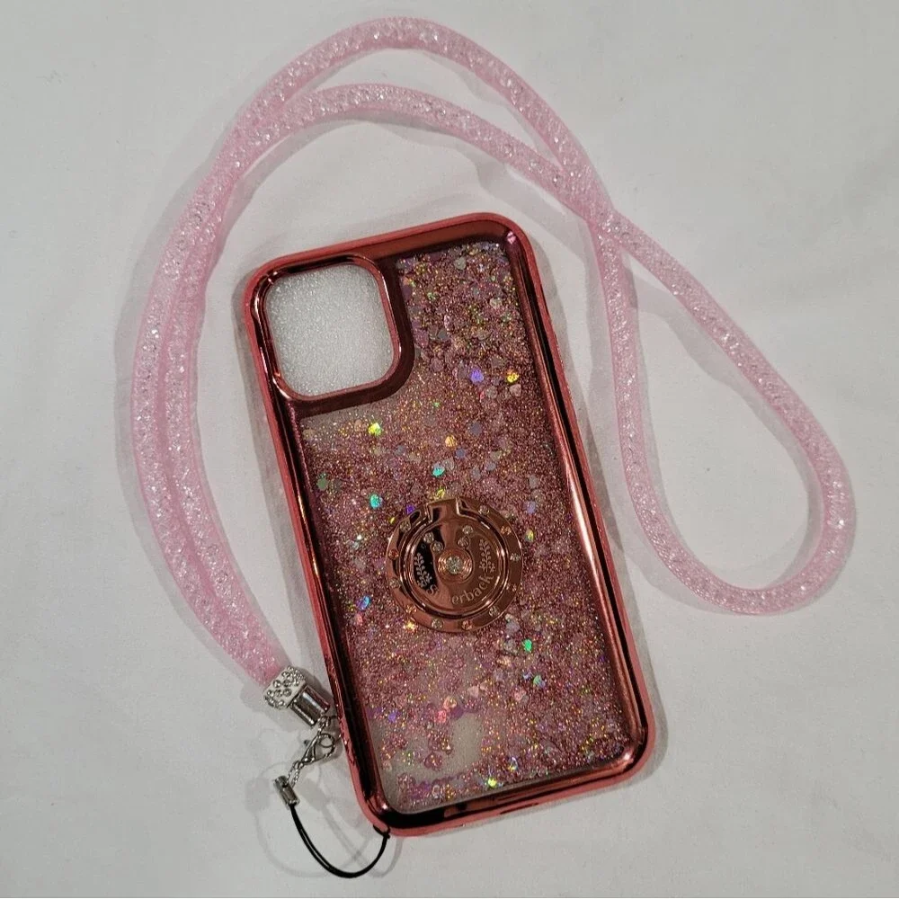 Iphone 11 Pro Glittery Rose Gold Pink Phone Case with Lanyard
